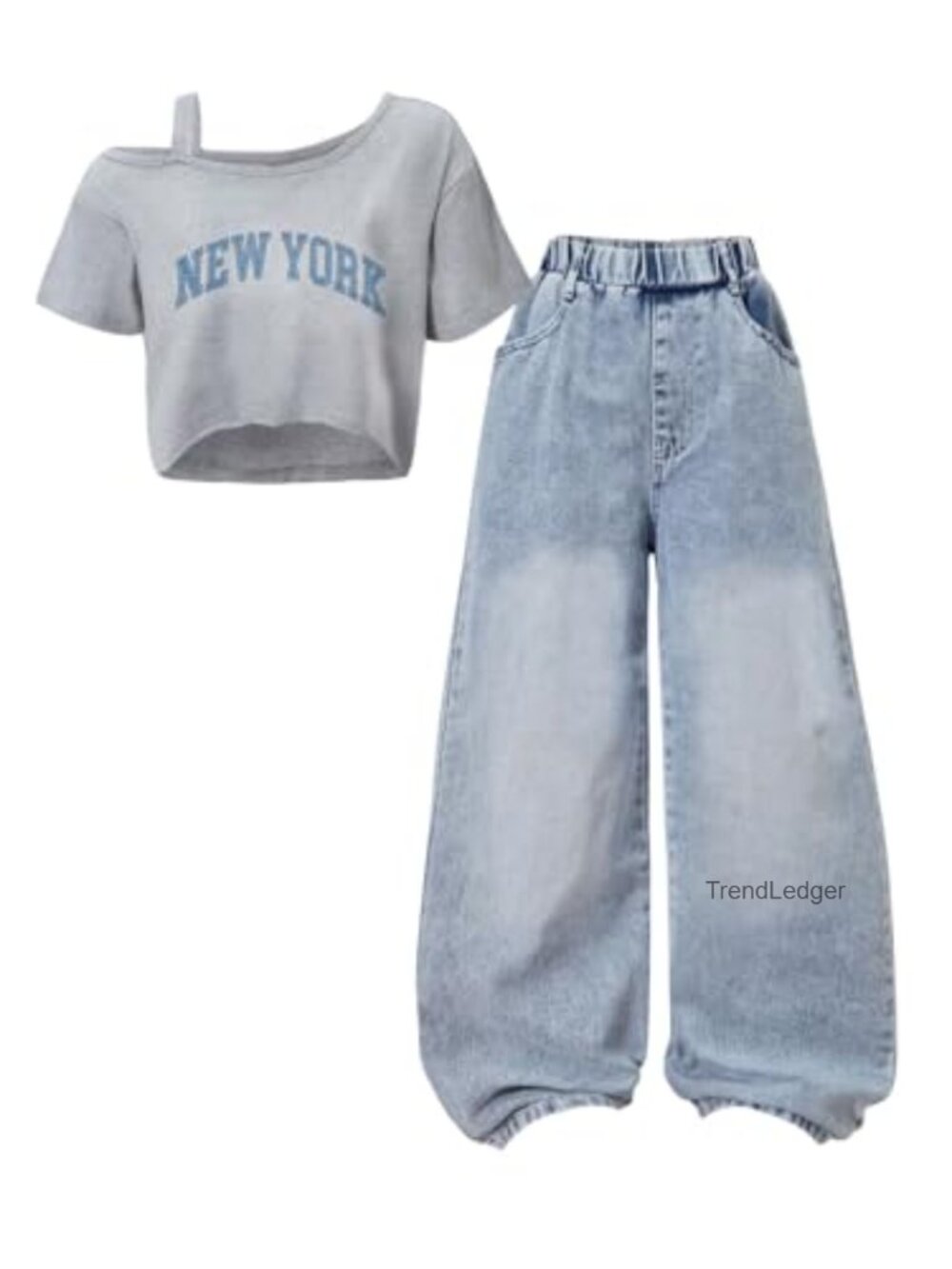 Girls 2 Piece Y2K Letter Print Top & Wide Leg Denim Pants Set